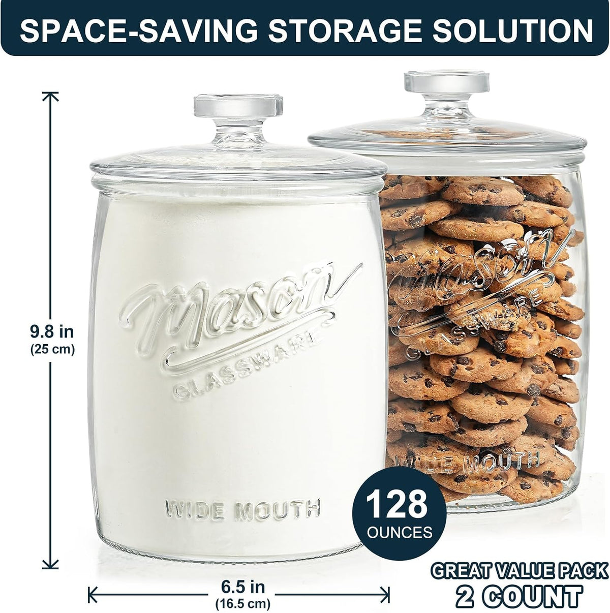 2 Pack Cookie Jar, 1 Gallon Glass Jar with Airtight Lids for Flour – size reference