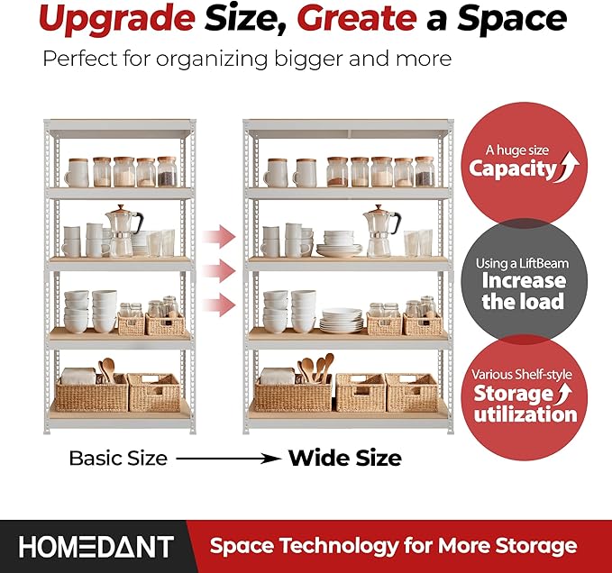 HOMEDANT White 5 Tier Laminated Boltless Heavy Duty Garage Storage Adjustable Wide Size Metal Shelving Unit Utility Rack Shelves Organization Shelf Shed Warehouse 47.7" W x 18.2" D x 71.3" H 1Pack