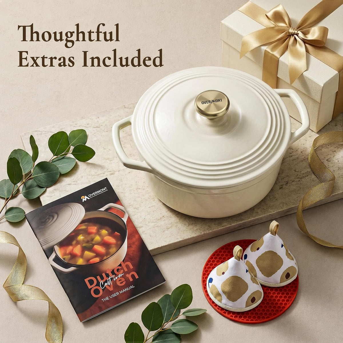 Enameled Cast Iron Dutch Oven - 5.5QT Pot with Lid Cookbook & Cotton Potholders – set view