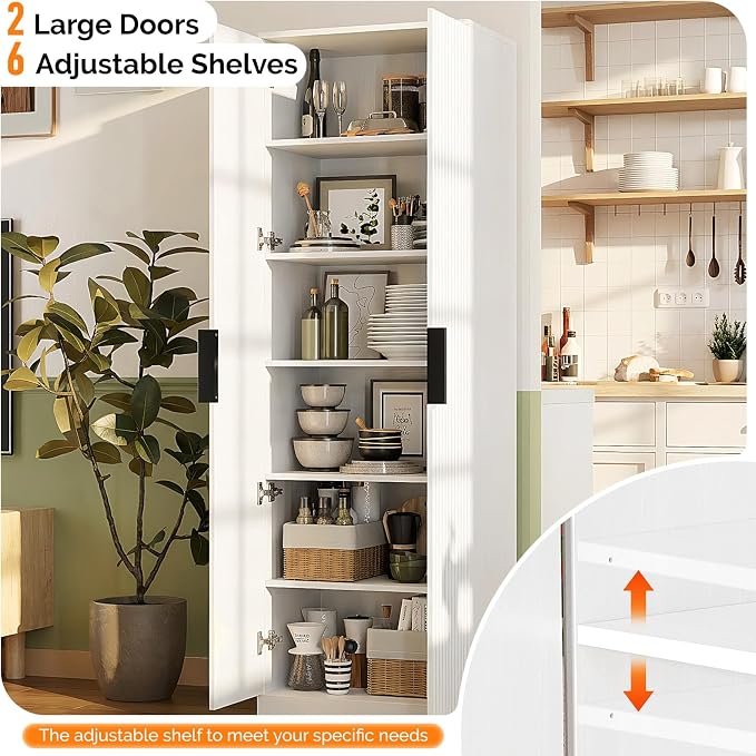 Pantry Cabinet, 70-Inch Modern, 5 Adjustable Shelves, White Fluted Doors