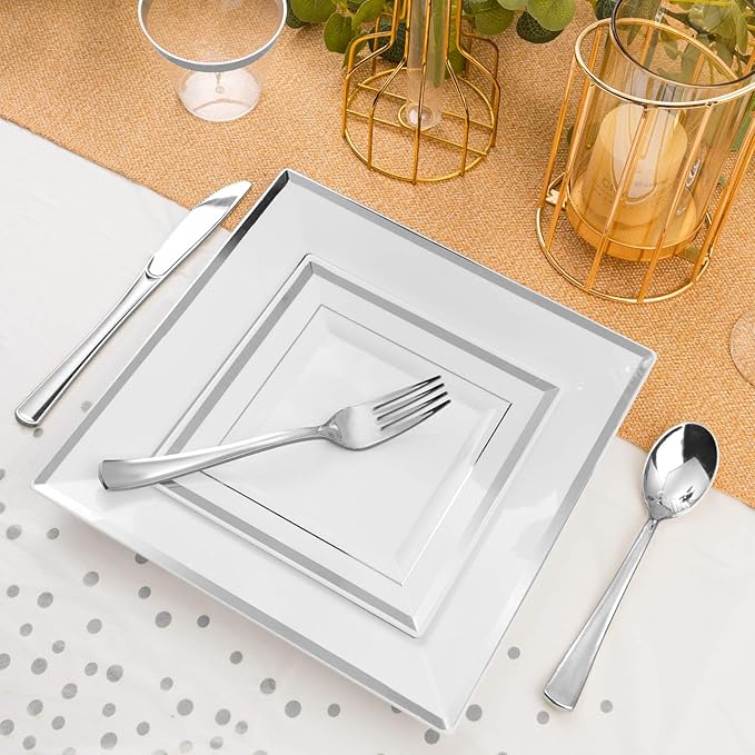 Plates Set, Square Silver Plastic Party Dinnerware for 50 Guests