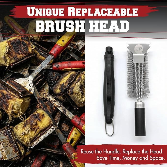 Grill Brush with Stainless Steel Replaceable Head and Scraper