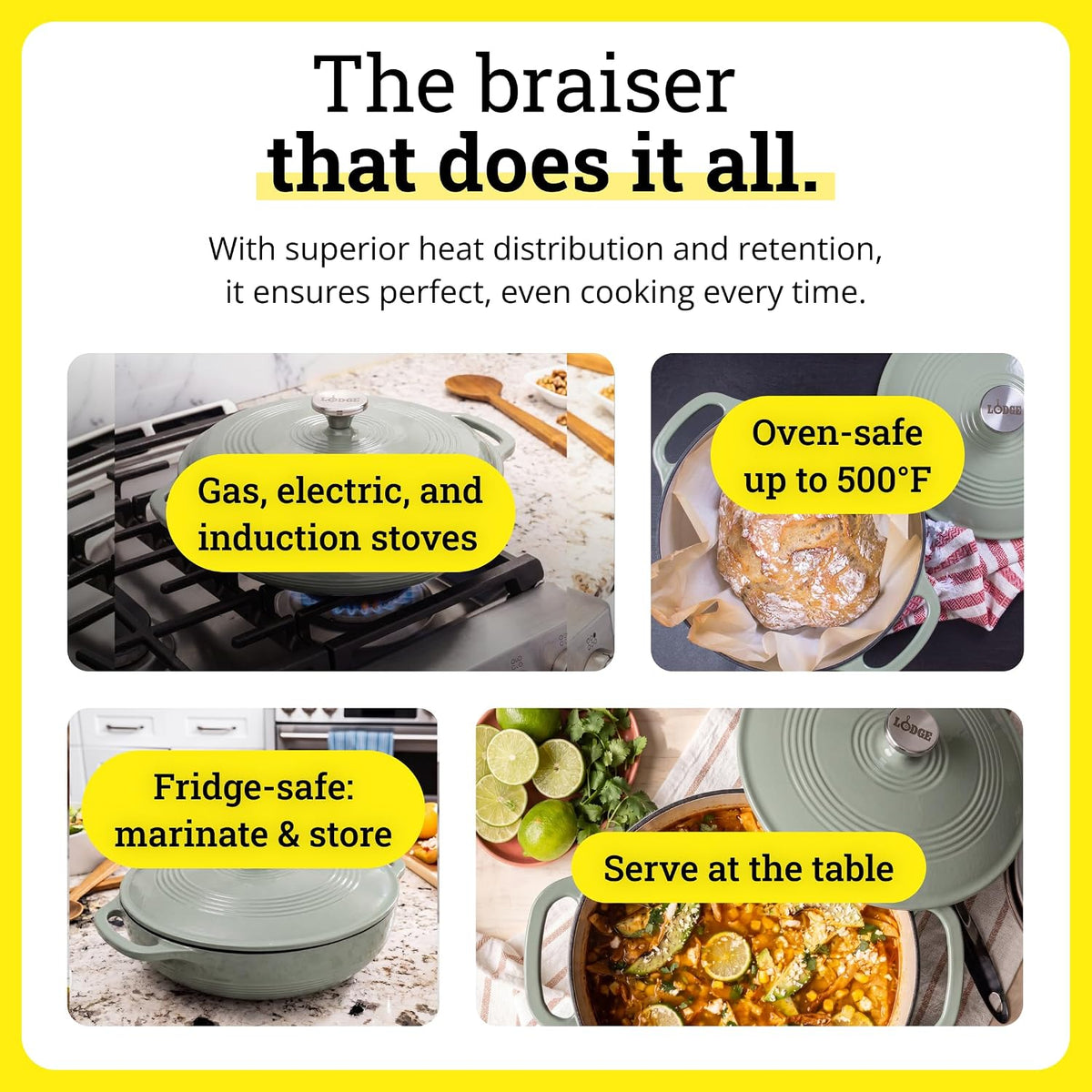 Essential Enamel Cast Iron Braiser, 3.6 Quart, Desert Sage – features