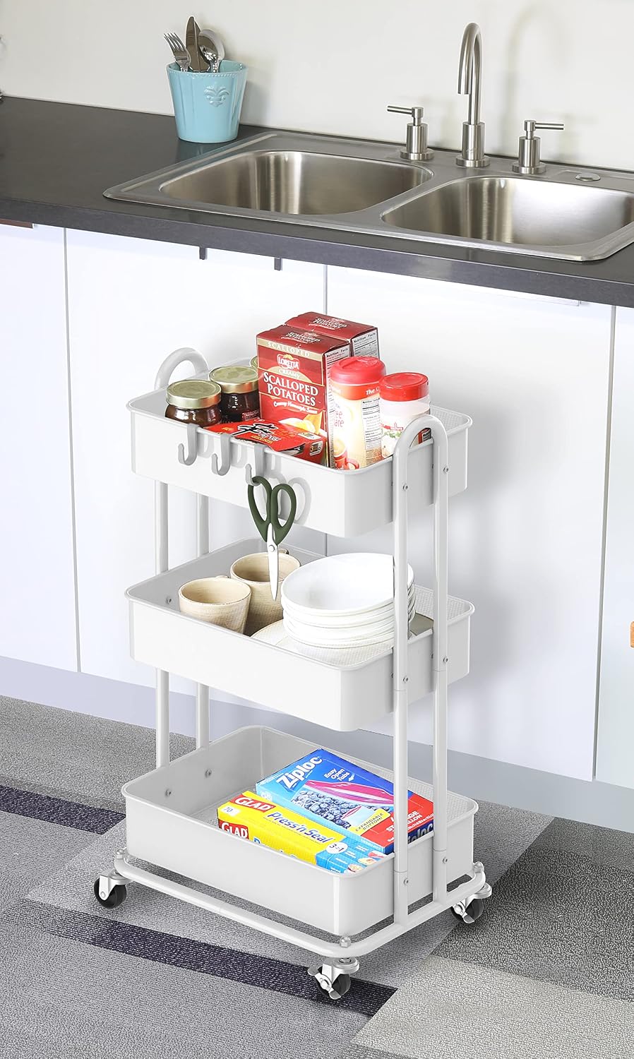 3-Tier Heavy Duty Metal Utility Rolling Cart, White – features