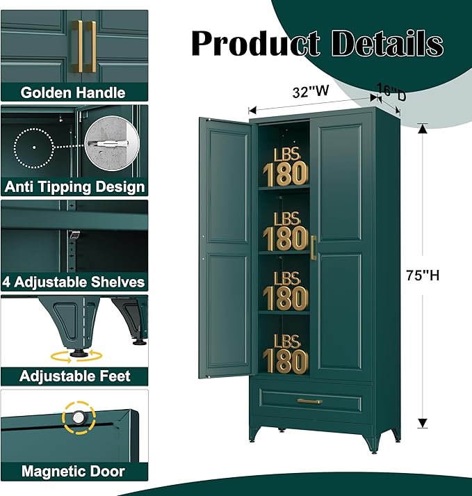 Pantry Cabinet 75 Inch Metal with Drawer and 4 Adjustable Shelves