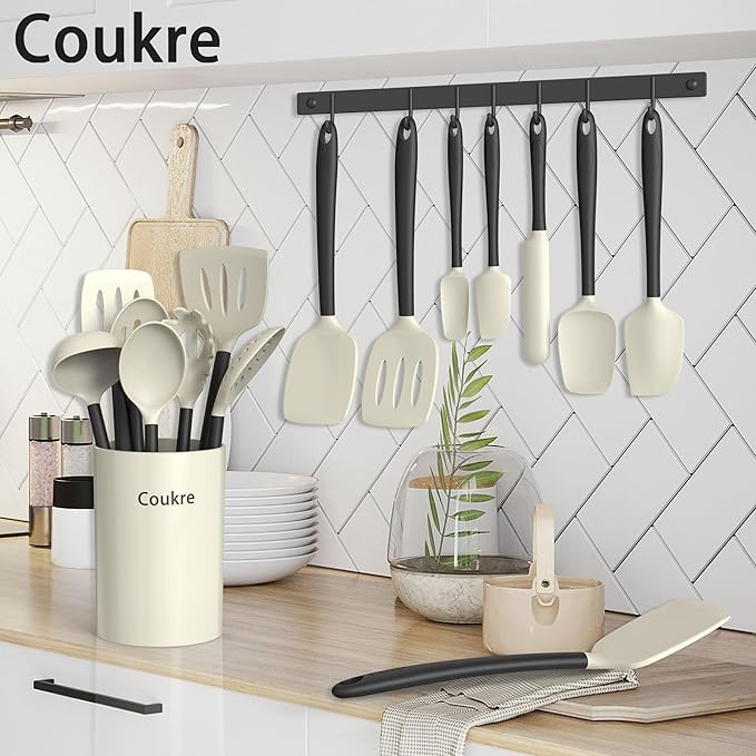 Silicone Kitchen Cooking Utensils Set with Holder – 14, Beige