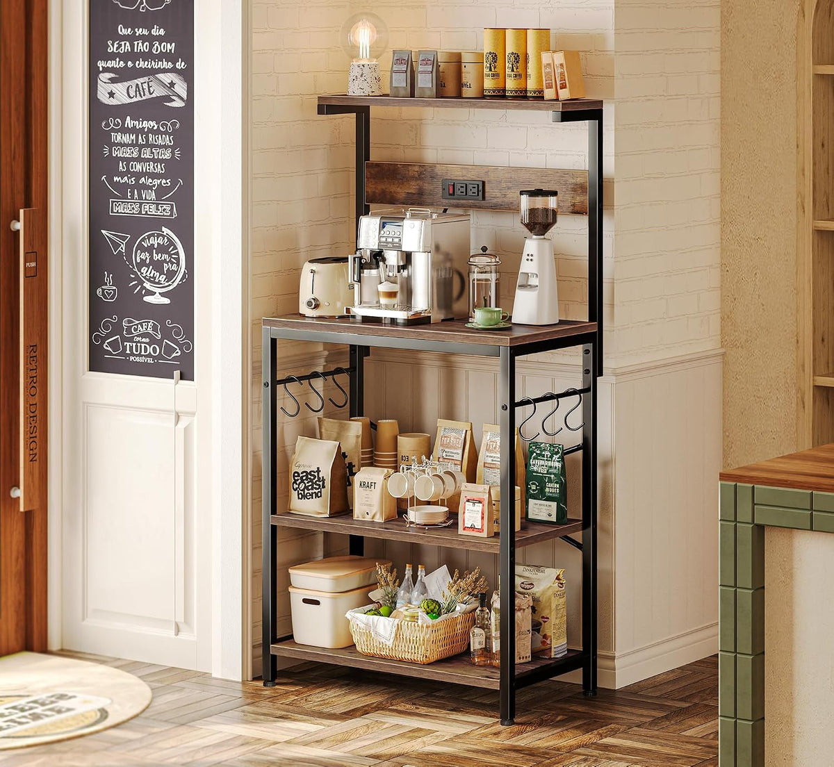 Kitchen Bakers Rack with Power Outlet, Coffee Bar Table 4 Tiers, Kitchen – set view