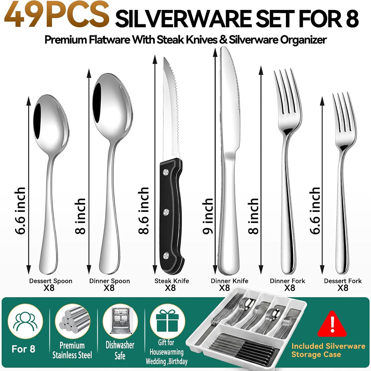 49-Piece Silverware Set with Organizer, Stainless Steel Flatware Utensils Set – detail