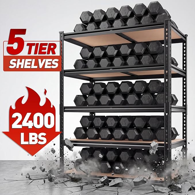Standing Shelf Unit, 5-Tier Black Metal Storage Rack, 72-Inch Height