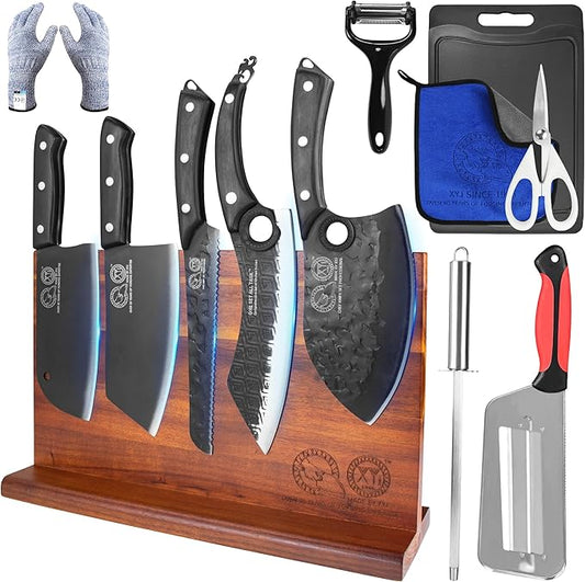 XYJ Authentic Since 1986, Kitchen Knife Block Set, Knives Set with Magnetic Knife Block, Sharpening Stick, Gloves, Scissors, Chopping Board, Washing Towel, Chef Knives Set, Full Tang Handles