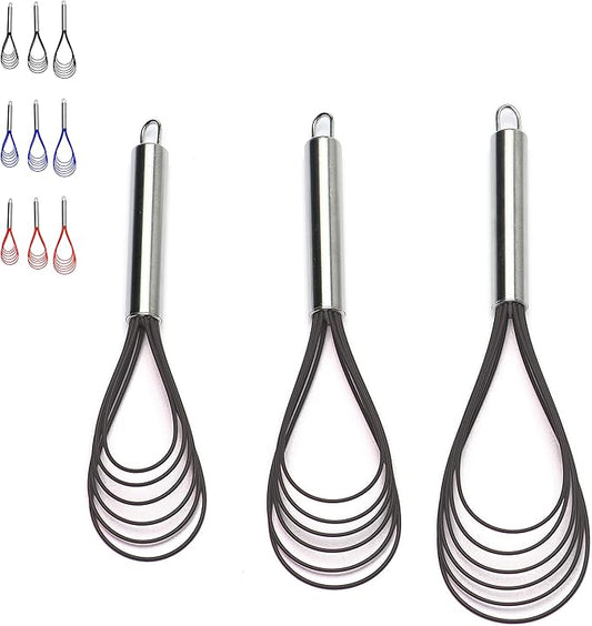 Flat Whisks Stainless Steel,3 Pack 10''+11''+12'' Set Premium Sturdy-6 Silicone Heads Non Stick Wires Whisk for Blending Beating Stirring Kitchen Cooking Color Grey by Jell-Cell
