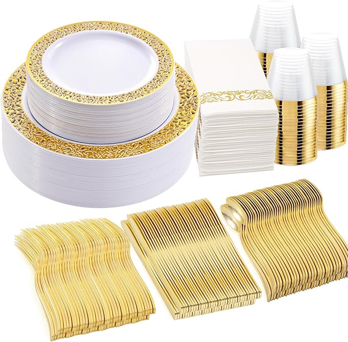 Plates: Gold Plastic Disposable Set for 50 Guests, Dinner and Dessert Sizes