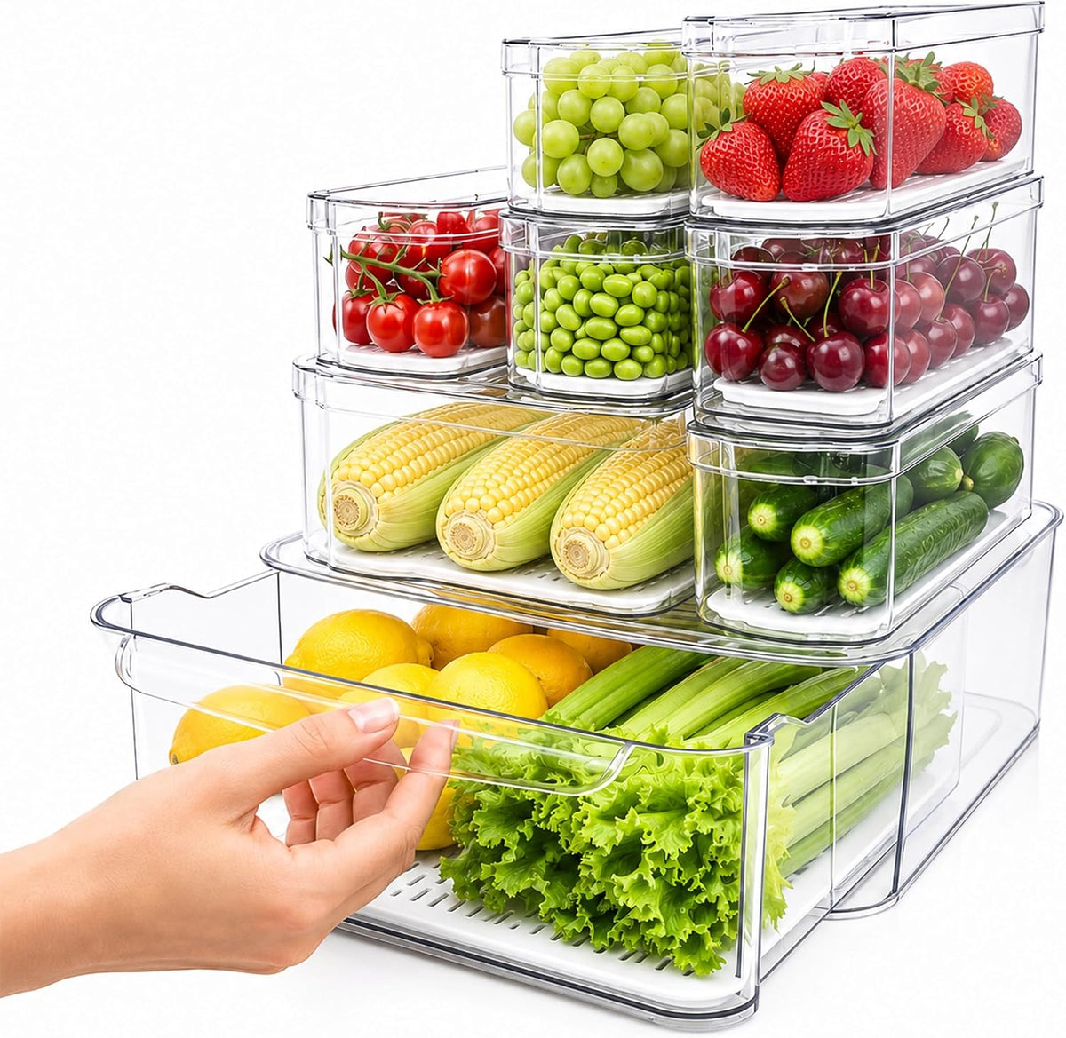 Clear Fridge Bins with Drain Trays - BPA-Free PET, Stackable (8)