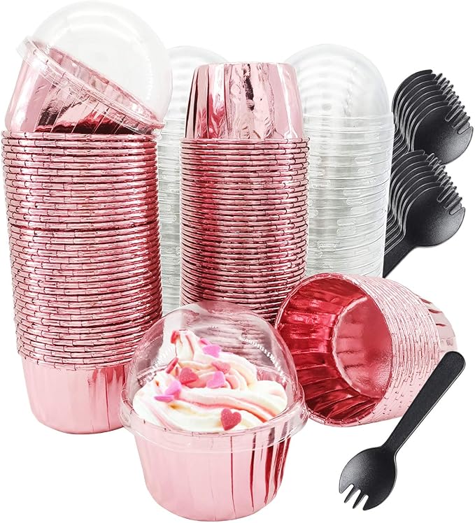 Baking Cups with Dome Lids, Mini Foil Liners, 100 Count, Rose Gold