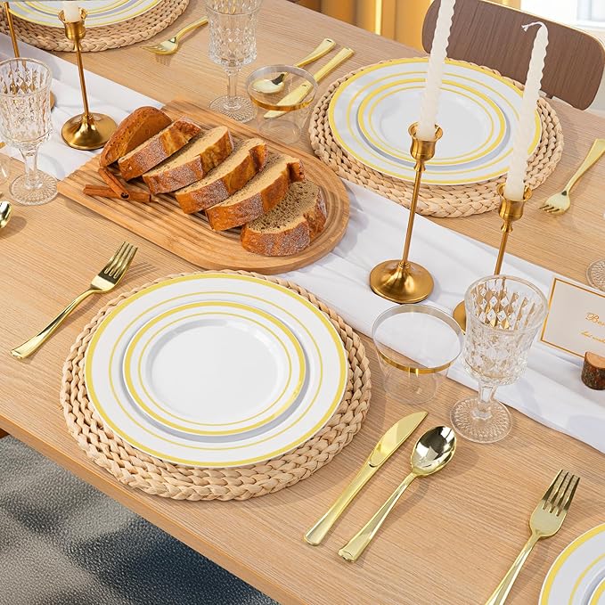 Plates with Gold Rims: 100 Dinner and Salad Plastic Plates