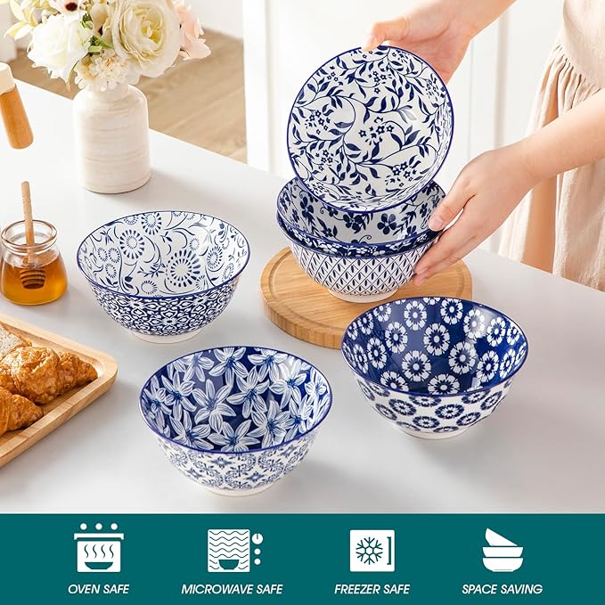 Porcelain Cereal Bowls Set of 6, 24 oz Blue Floral Design