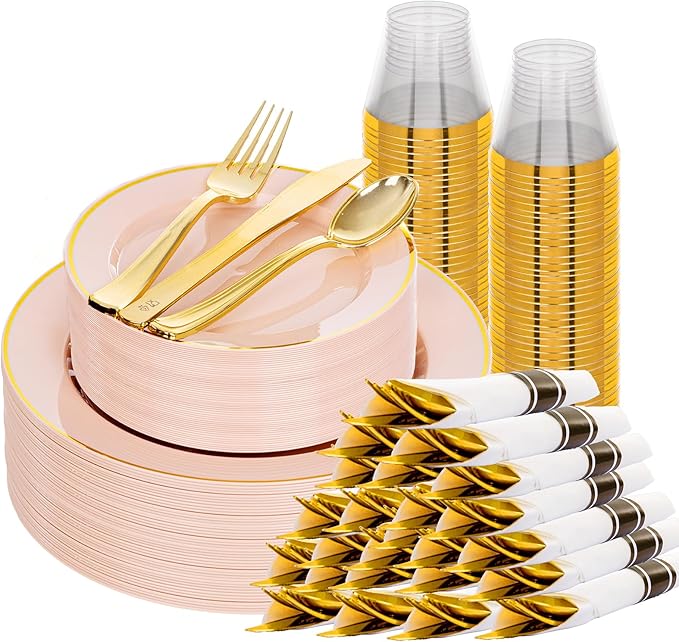 Plates Set, Pink Disposable Plastic with Gold Rim and Heart Pattern