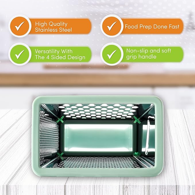 Spring Chef Professional 10" Parmesan Cheese Grater With Container, Stainless Steel & Soft Grip Handle, Handheld Kitchen Cheese Shredder, Box Grater with 4 Sides for Potato, Carrot, Veggie - Mint