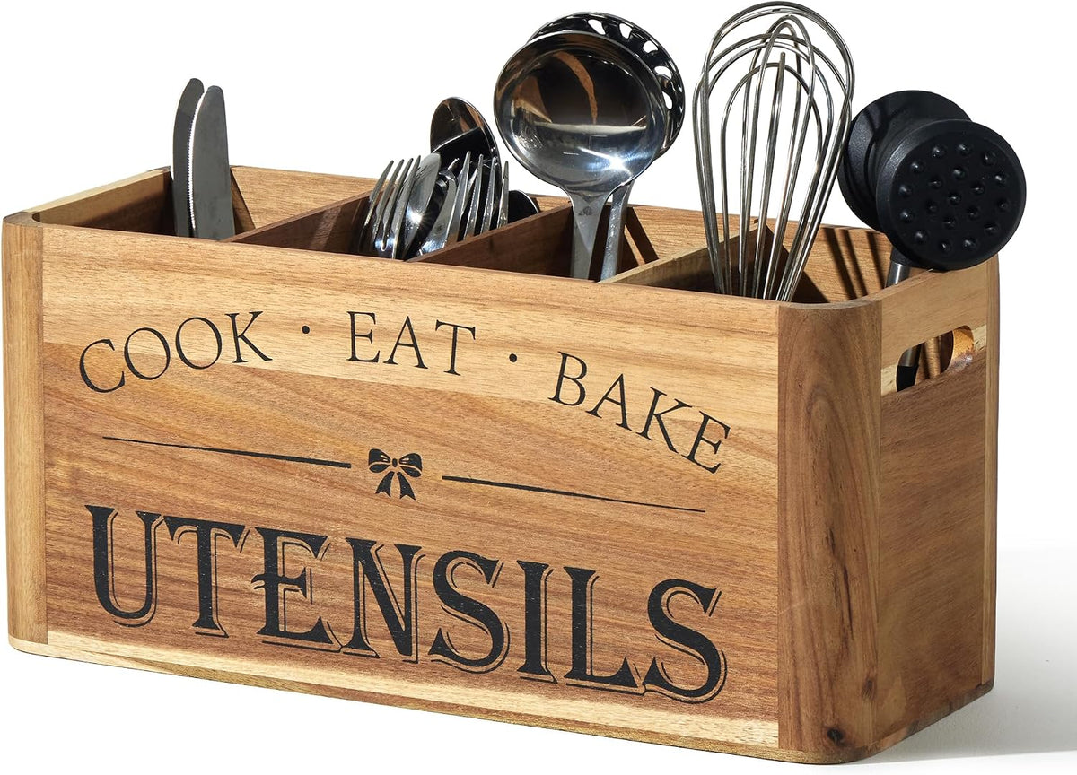 Utensil Holder for Kitchen Countertop - Extra Large 4 Compartment Wooden – features