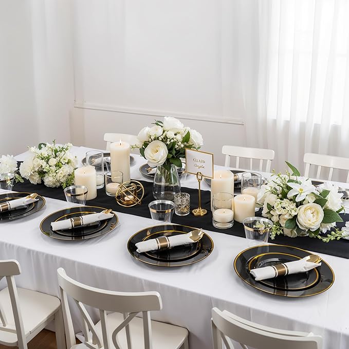 Plastic Party Plates Set in Black and Gold, 175 Pieces for 25 Guests