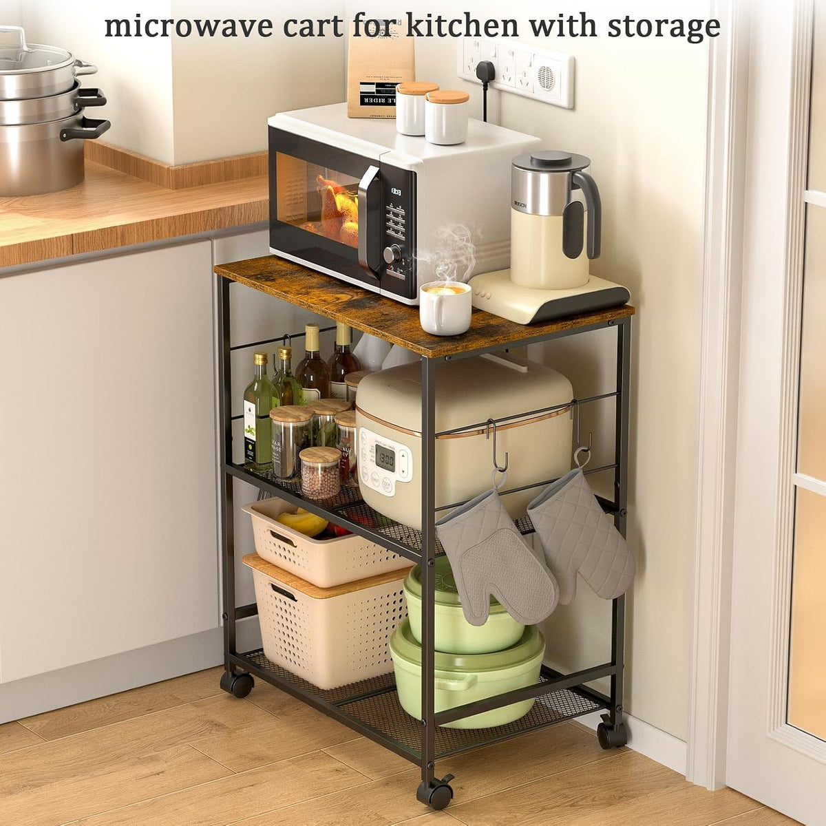 Rolling Kitchen Microwave Cart, 3 Tier Microwave Table Stand with Storage – set view