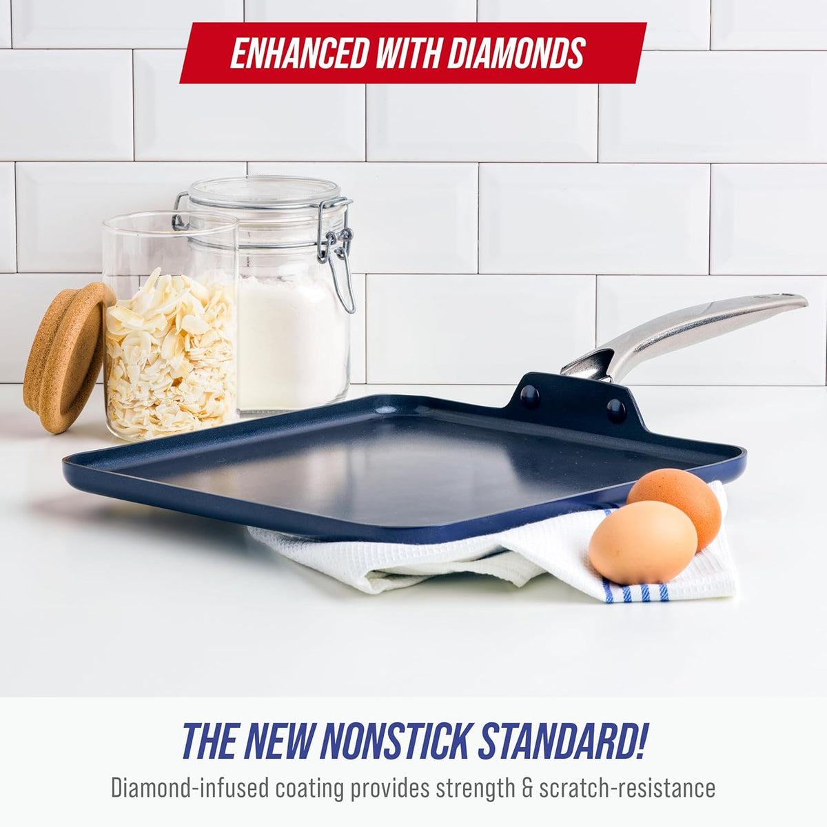 11" Diamond Infused Ceramic Nonstick Square Griddle Pan, Blue – detail