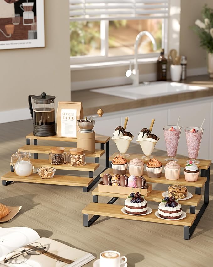 Spice Rack Set of 2, Natural Beige and Ink Black Tiered Risers