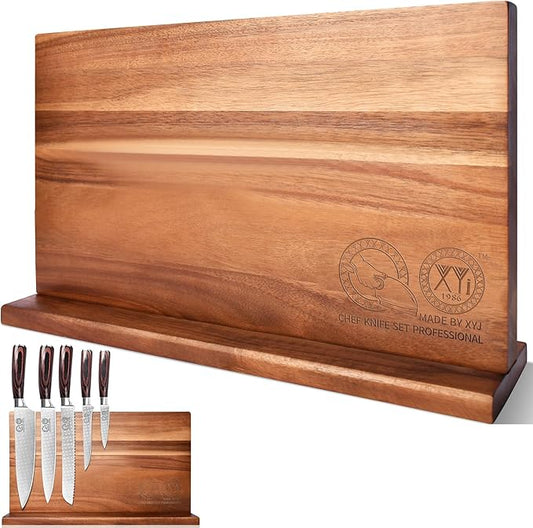 XYJ Extra Large Magnetic Knife Block Acacia Wood Knife Set Holder Stand With Stronge Magnetic Strip Kitchen Knives Storage Rack Organizer Tools No Drilling