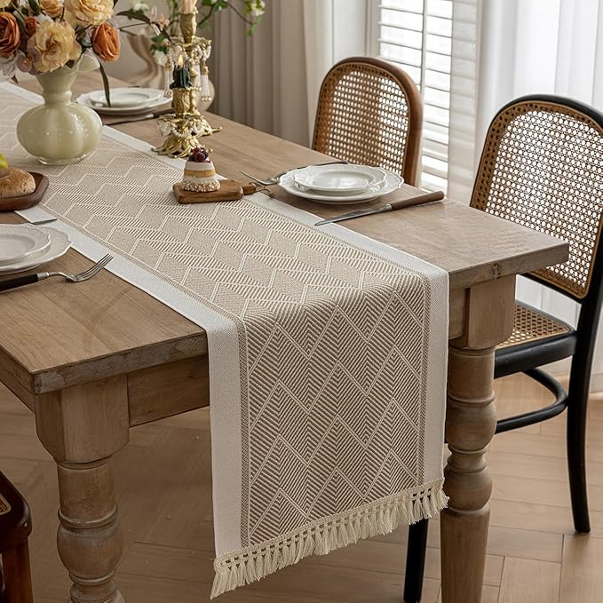 Table Runner 14 x 119 Inch Coffee Boho Polyester with Fringe