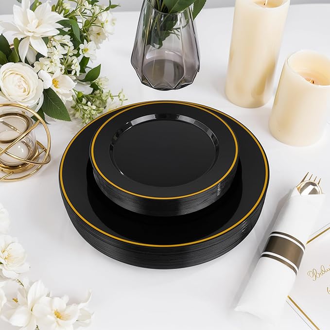 Plastic Party Plates Set in Black and Gold, 175 Pieces for 25 Guests