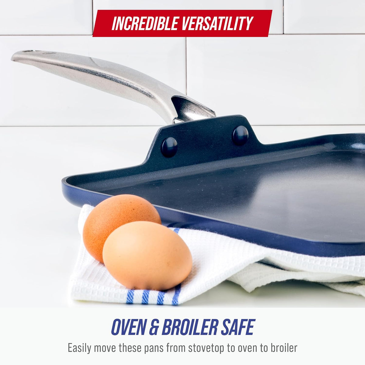 11" Diamond Infused Ceramic Nonstick Square Griddle Pan, Blue – size reference