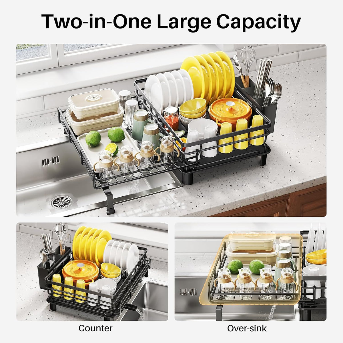 Expandable Dish Drying Rack for Kitchen Counter, Stainless Steel, Black – detail