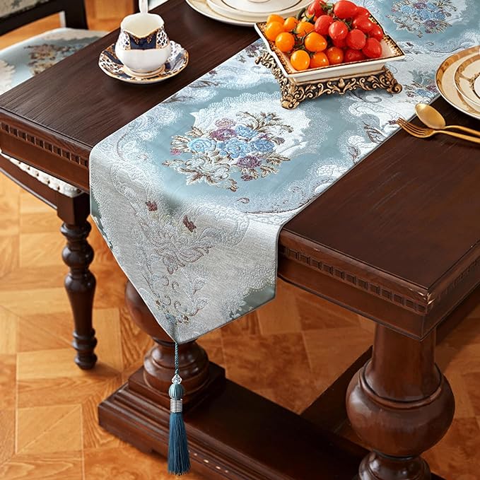 Table Runner Chenille Damask 13x72 Inch with Beaded Tassels