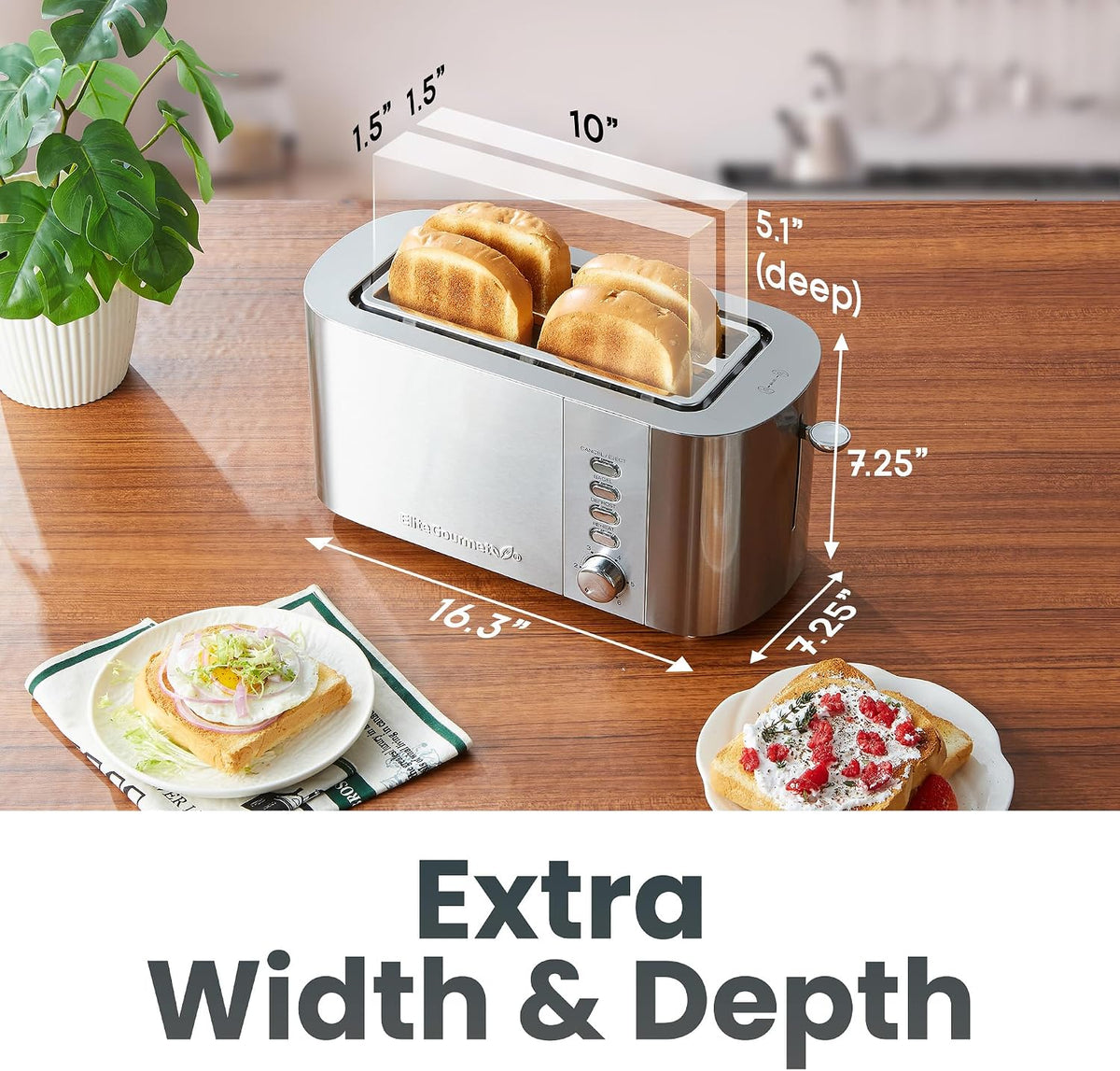 4-Slice Long Slot Toaster, 1.5" Wide & 5.1" Deep Slots – size reference