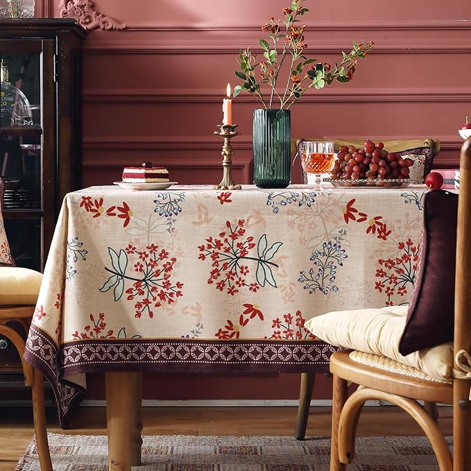patdrea Designer Linen Small Rectangular Table Cloth,French Vintage Red Floral Tablecloth,Breathable Dacorative Cover for Kitchen Dining,Tea Party,Christmas,Thanksgiving,Holiday,55"x71"-Newmari