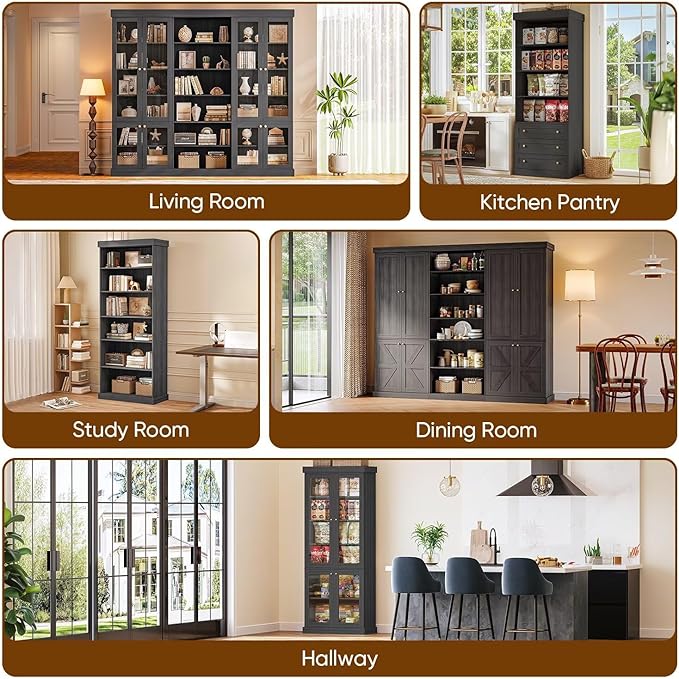 70.8" Tall Bookshelf with Doors, Farmhouse Modular Bookcase with 4-Tier Adjustable Shelves, Large Storage Cabinet for Home Office, Living Room, Black, Set of 4