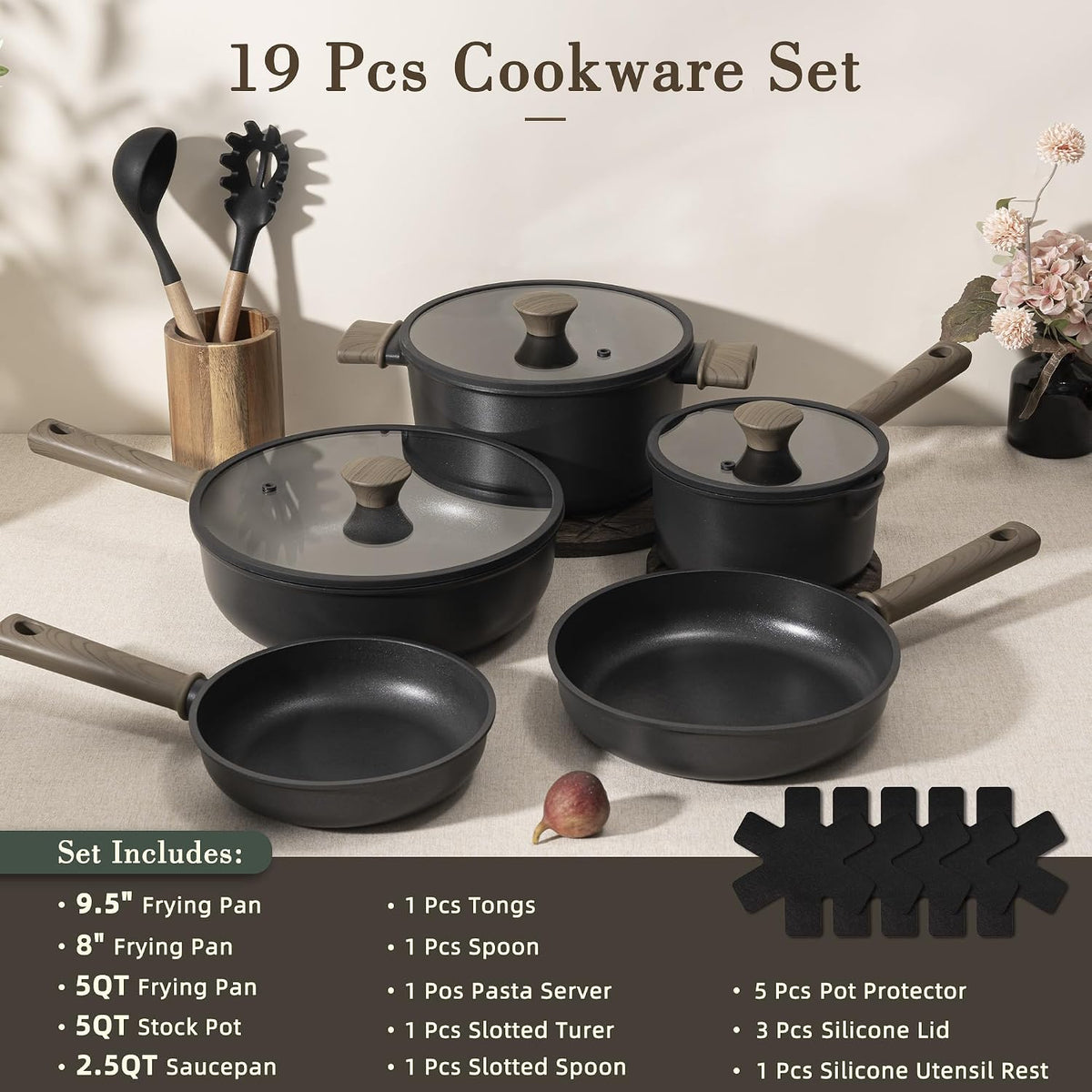 19 Pcs Pots and Pans Set Non Stick, Black Titanium Induction Kitchen Cookware – detail
