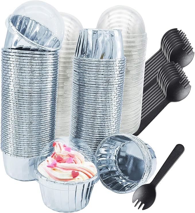 Baking Cups: 100 Mini Foil Liners with Clear Lids, Silver