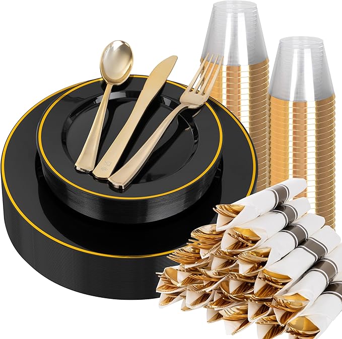 Plastic Party Plates Set in Black and Gold, 175 Pieces for 25 Guests