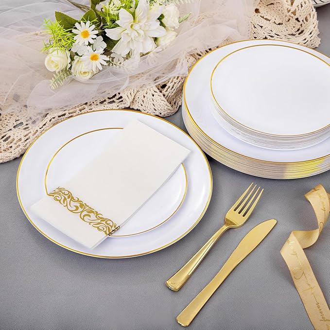 Disposable Plates Set, 350 Pieces, White with Gold Rim for 50 Guests