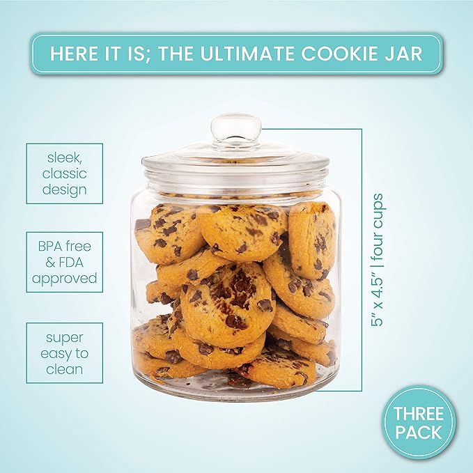 Food Jar Canisters with Lids, Set of 3, 1 Liter Clear Glass