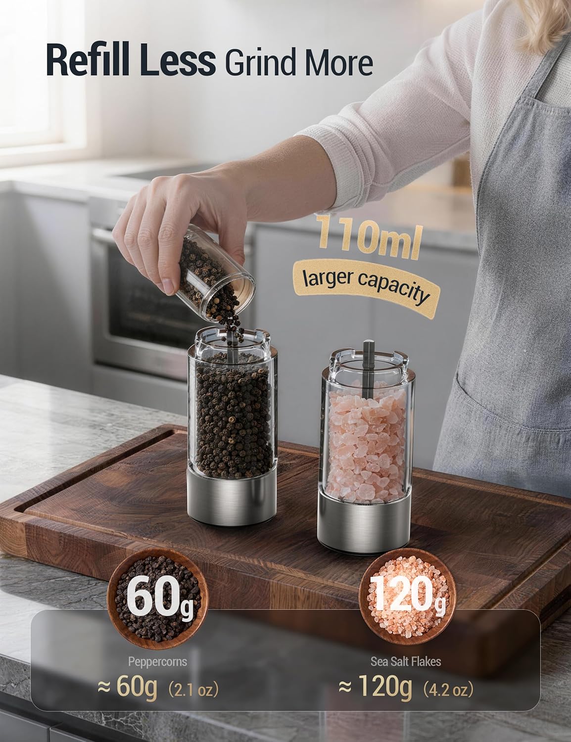 Upgraded Larger Capacity Electric Salt and Pepper Grinder Set, 110ml – size reference