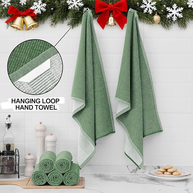 Dish Towels 6 Pack, 380 GSM Cotton Tea Towels with Hanging Loops, Grass Green