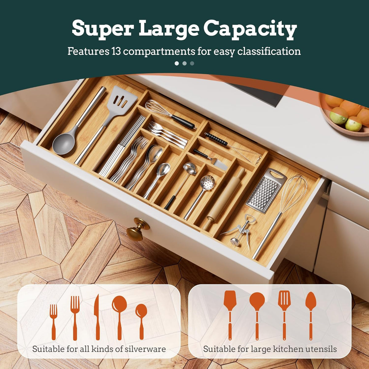 Silverware Organizer Large, Magnetic Connected Expandable 13 Slots Silverware – detail