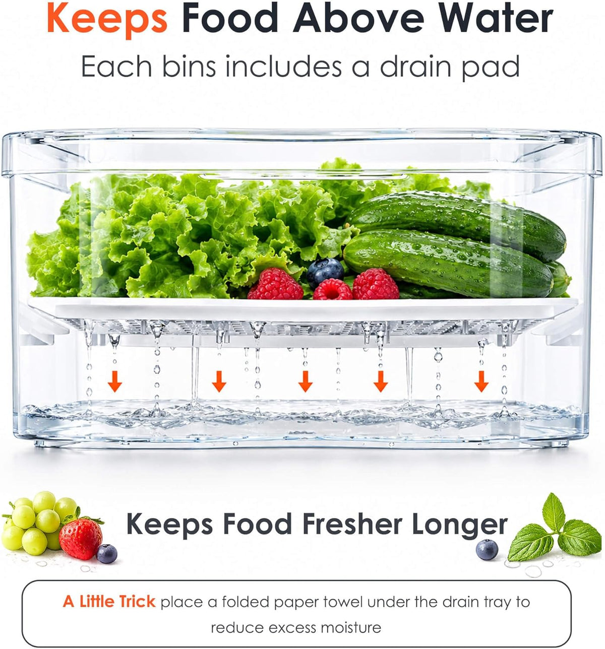 Clear Fridge Bins with Drain Trays - BPA-Free PET, Stackable (8) – alternate view