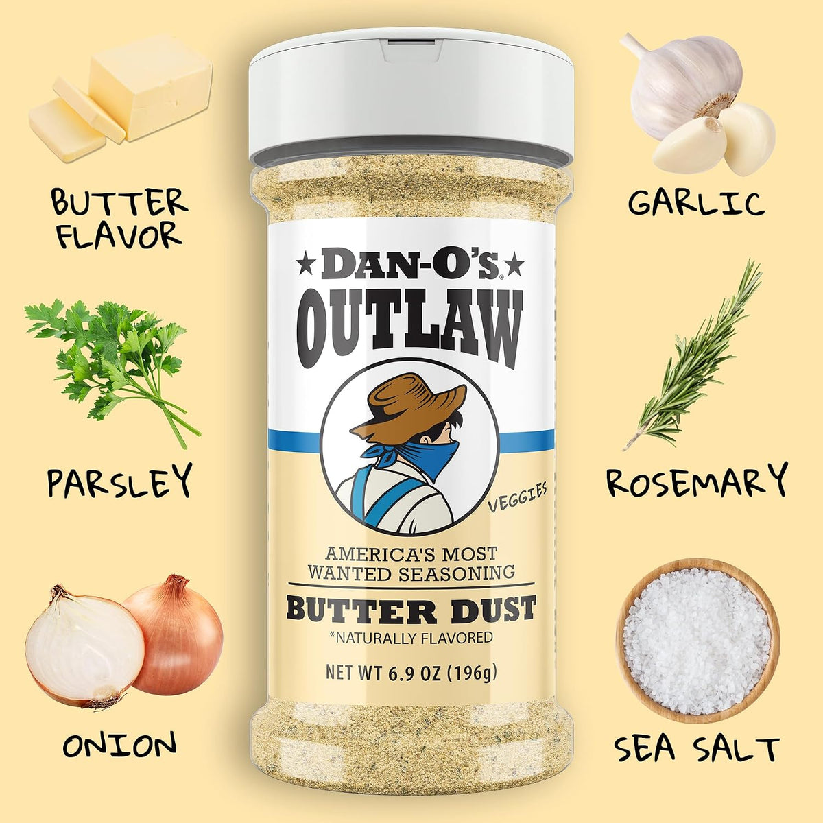 Outlaw Seasoning 6 Bottle Set- Butter Dust, Butter Steak, Spicy BBQ, Sweet – features
