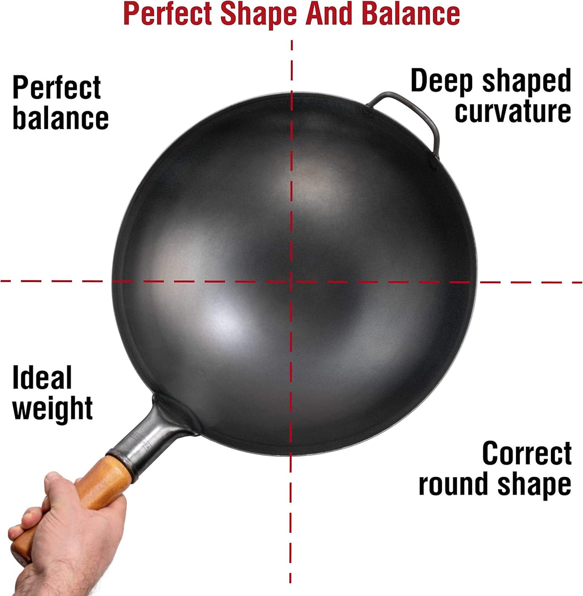 14" Black Carbon Steel Wok with Round Bottom – set view