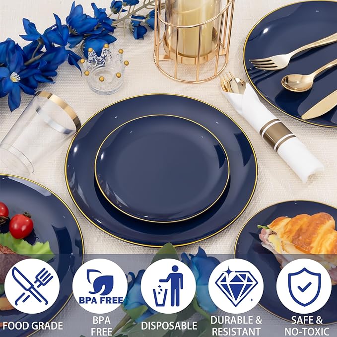 Plates Set, Navy Blue Heavy Duty Plastic with Gold Trim, 350 Pieces