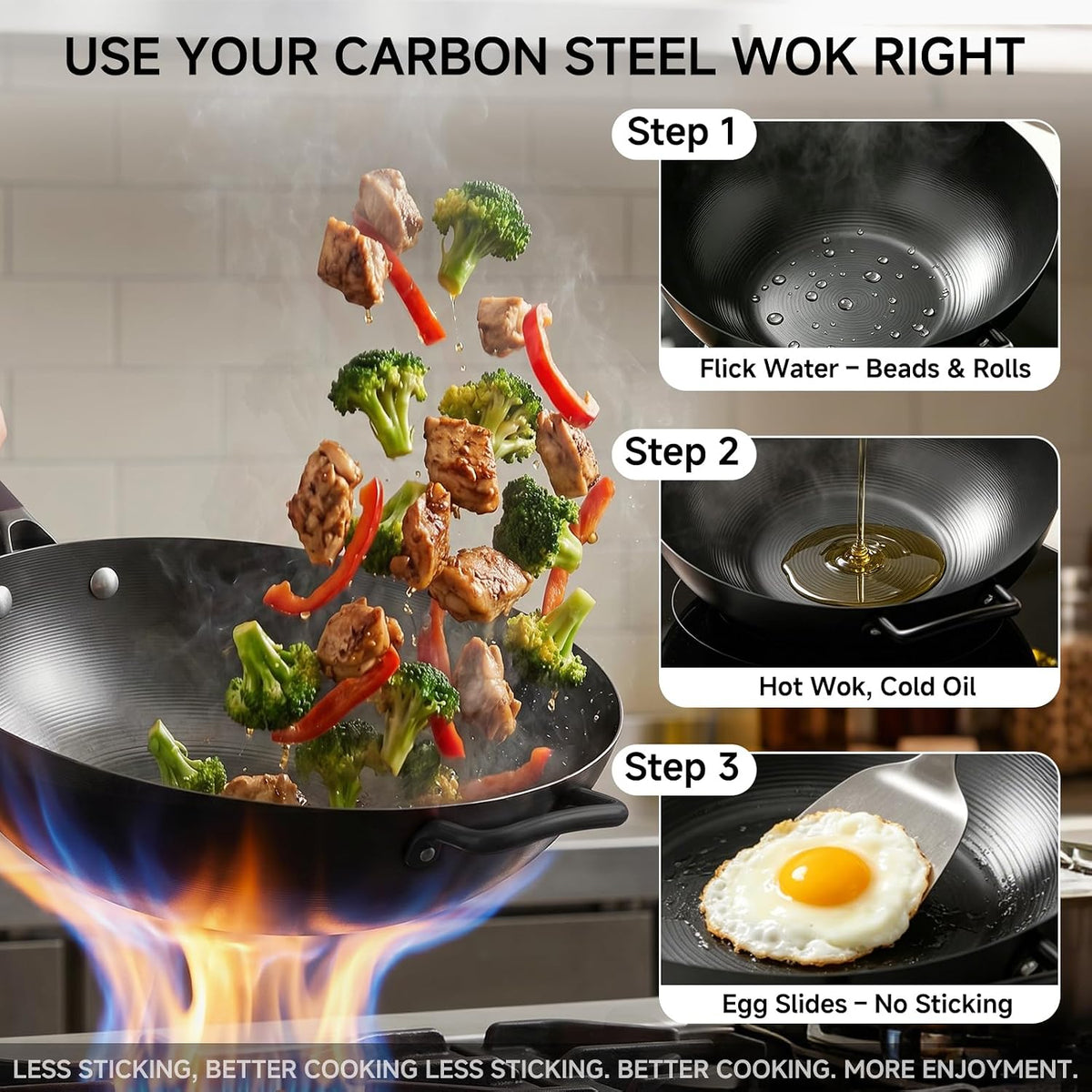13.5" Pre-Seasoned Flat Bottom Carbon Steel Wok with Lid Spatula – size reference