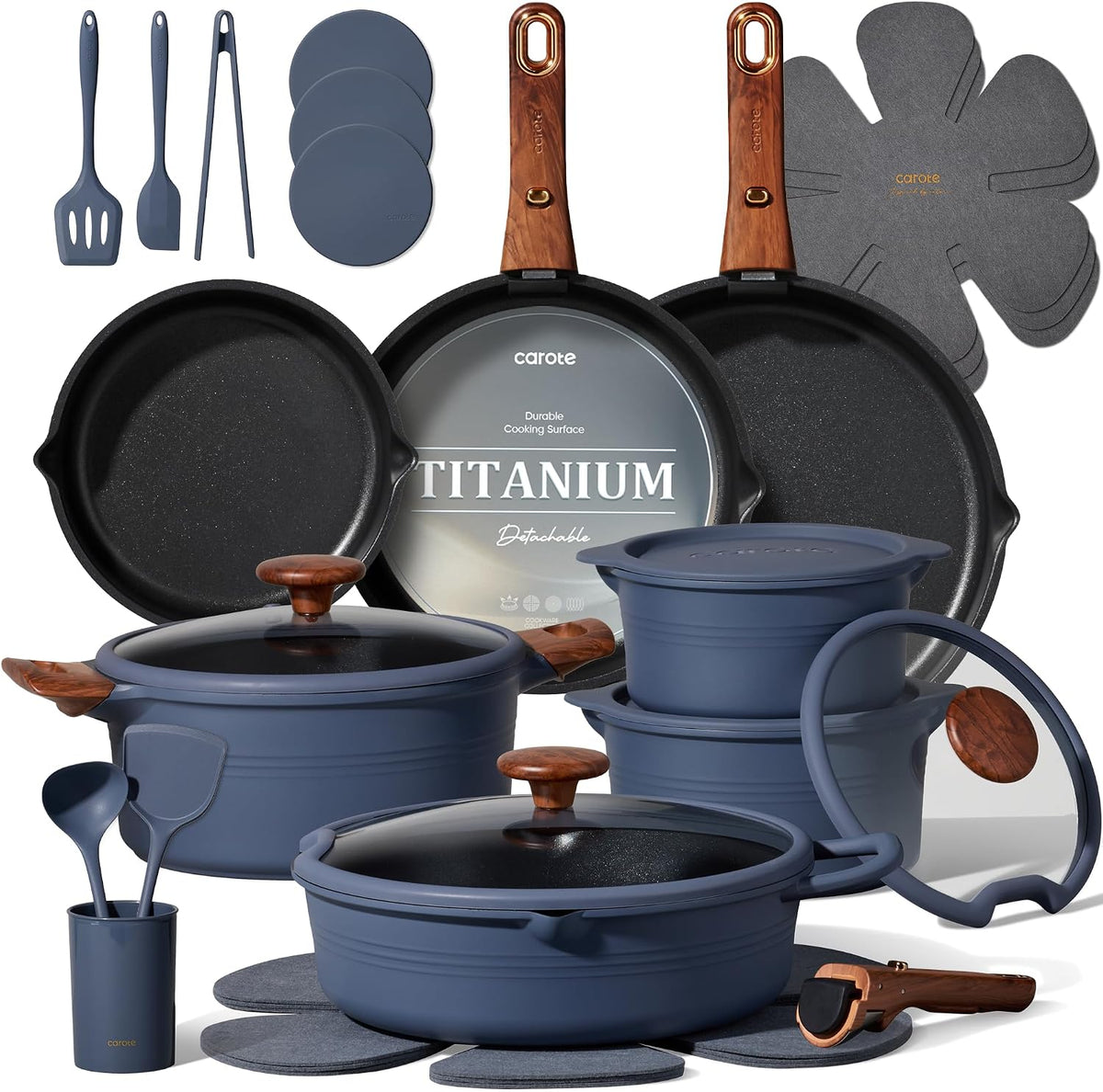 30pcs Titanium Cookware Set, Pots and Pans Set Detachable Handle
